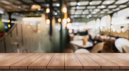Empty wooden table top with lights bokeh on blur restaurant background.