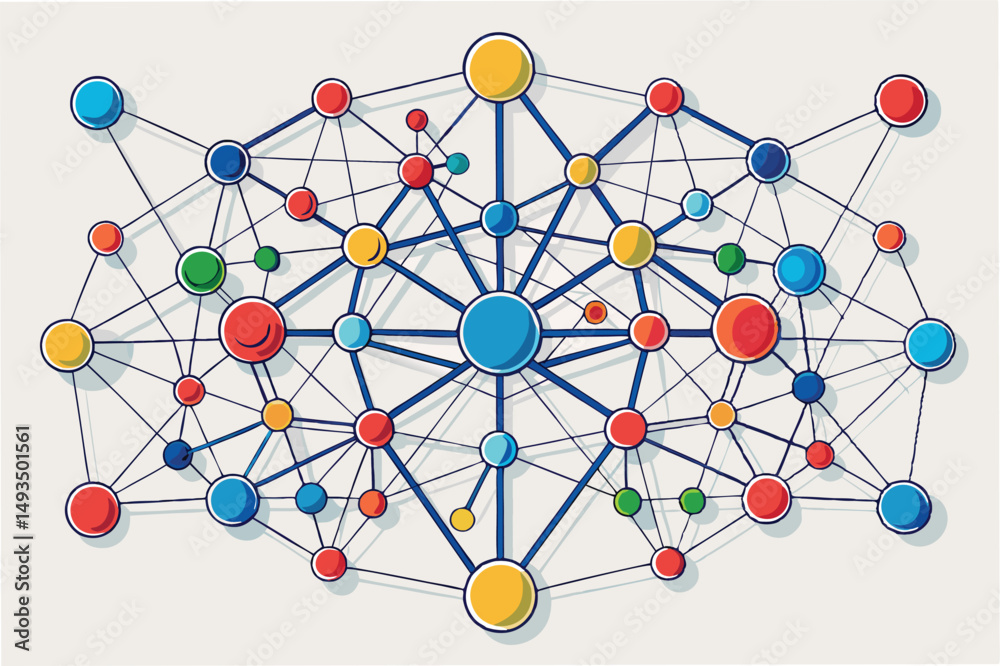 Poster colorful vector illustration of interconnected nodes representing a complex network structure on a l