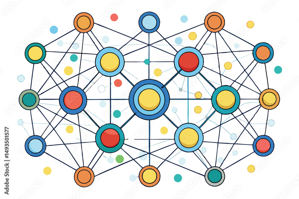 Poster colorful vector illustration of interconnected nodes representing a complex network structure on a l