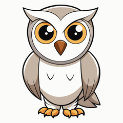 Cartoon owl with large eyes is standing upright and looking forward attentively