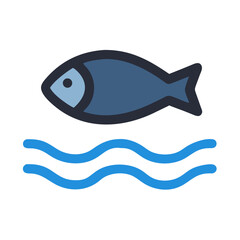 Stylized blue fish swimming above wave illustration