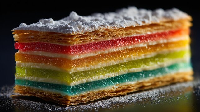 Rainbow mille-feuille pastry with clear layers, isolated backdrop, delicate powdered sugar dusting