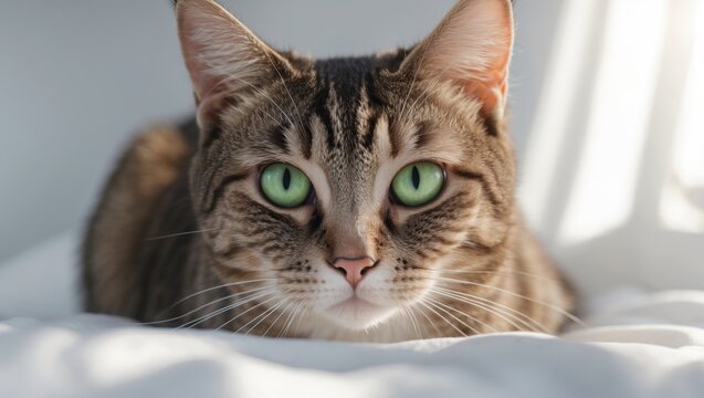 Brown-grey cat with green eyes stares at the camera on a white background.