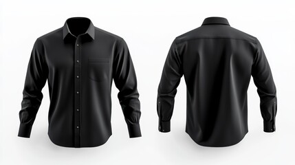 Elegant Black Long Sleeve Shirt Front and Back View on White Background