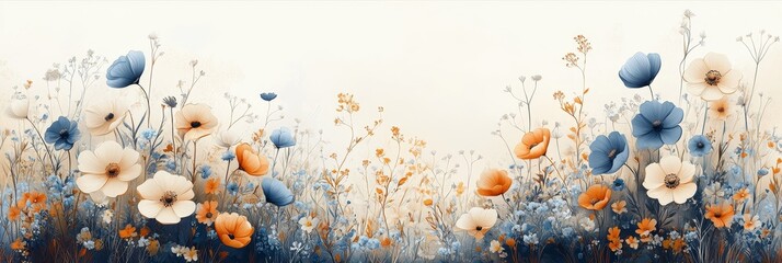 Soft Blue Orange Cream Flowers Meadow Floral Background