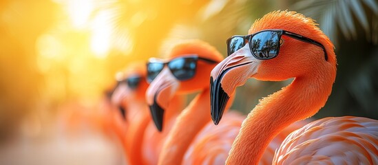 Three Pink Flamingos Wearing Sunglasses in Bright Sunlight