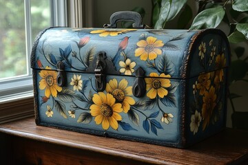 Vintage Floral Painted Wooden Trunk on Wooden Surface