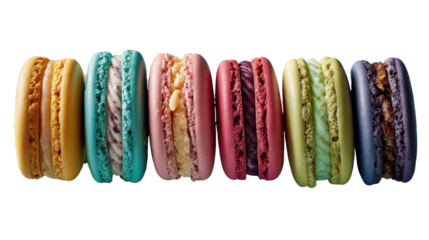 Colorful assortment of assorted macarons with vibrant pastel and bold hues arranged in a straight line showcasing detailed textures and delicate crispy s
