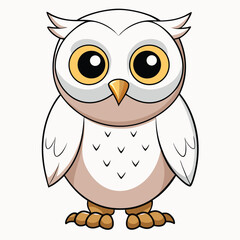 Cartoon owl with big eyes is standing; its plumage is white and brown