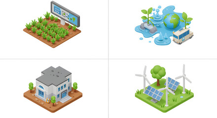 Fototapeta premium Exploring Sustainable Urban Development Isometric Icons for Environmentally Friendly Concepts