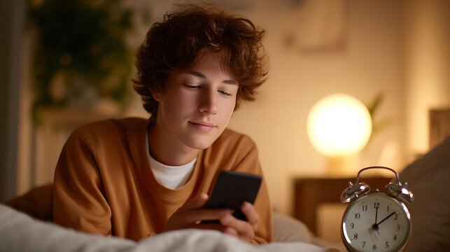 A young man with curly hair using a smartphone in bed next to an alarm clock in a warmly lit room - Powered by Adobe