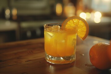 Glass of orange juice with ice and an orange slice on wood