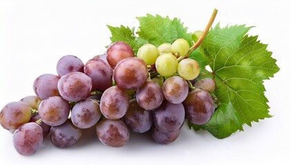 Fototapeta premium ripe grapes with green leaves on white background
