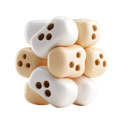 Close-up of a small pile of six die with rounded edges and three visible faces, showcasing the numbers two and three with dark dots on white and beige backgrounds