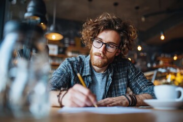 A young man with glasses and a red beard is writing in a cafe with a focused expression