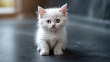 An adorable white kitten exploring the area.