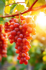 Juicy bunch of grapes hanging on a vine in sunset light