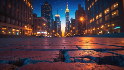 Naklejka premium View of skyline and cityscape at dusk from a vacant brick surface