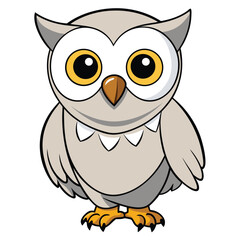 Cartoon owl with large eyes and a beak stands alert and still