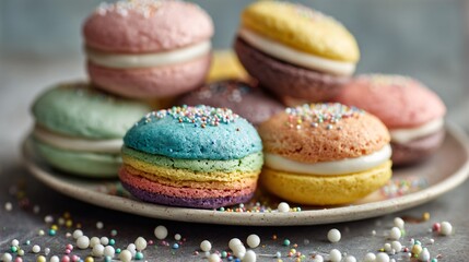 Fototapeta premium Soft minimal layout of rainbow whoopie pies on neutral plate, scattered sugar pearls