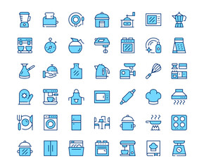 Kitchen appliances icons. Vector line icon set. Modern outline design. Blue concept