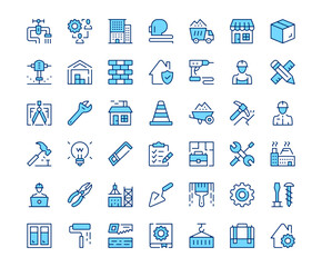 Construction icons. Vector line icon set. Modern outline design. Blue concept