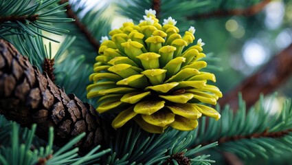 Close-up of striking yellow cones appearing on a branch of a tree.