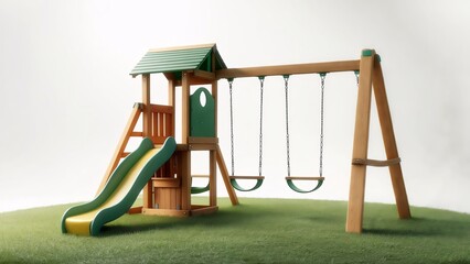 Children's wooden playground set with a slide and swings for outdoor fun, isolated on a white background on green grass.