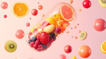 Colorful fruits and berries encapsulated in a transparent pill.