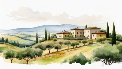 picturesque tuscany villas amidst olive groves in minimalist watercolor landscape
