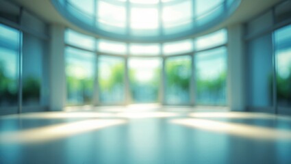 Interior view of a vacant office lobby with a blurred abstract background and glass entrance doors