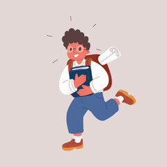 Cartoon vector illustration of a schoolboy running with a book, excited to start a project, education and motivation concept