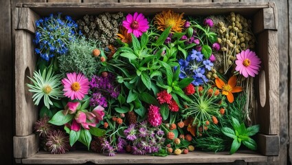 Wooden crate loaded with an assortment of medicinal herbs, dry health-promoting plants, and blossoms. Alternative herbal treatments. Bird's eye view. Flat layout.