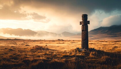 Obraz premium Ancient wooden carved totem statue standing tall in a golden grassy landscape under a dramatic sky.