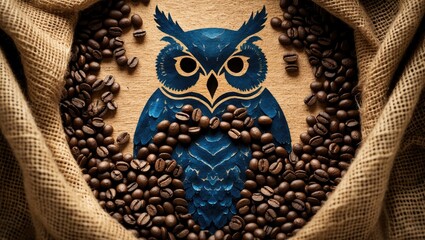 Silhouette of an Owl Formed with Coffee Beans on a Coffee Sack