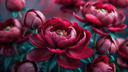 Macro shot of red burgundy peony petals. Abstract floral background. Focused selection.