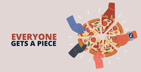 Vector illustration of hands grabbing slices of pizza, food sharing and enjoyment concept