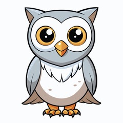 Adorable cartoon owl with gray feathers and bright yellow eyes stands attentively