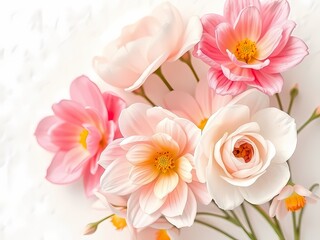 Fototapeta premium Watercolor flowers in soft spring hues create a delicate, textured white paper background.