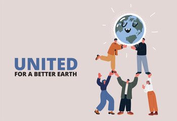 Cartoon vector illustration of a group of people holding a globe, symbolizing unity and global cooperation