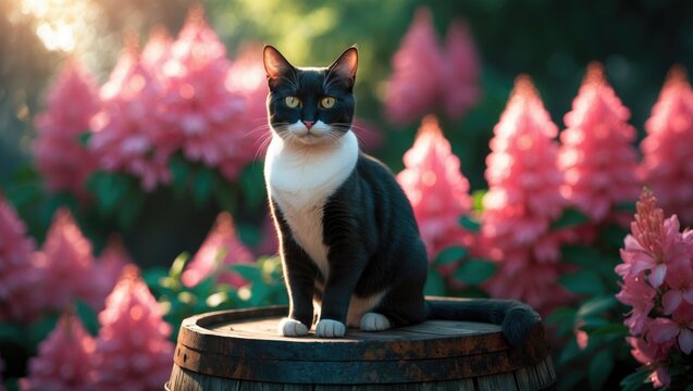Lovely tuxedo-patterned bicolor cat, European Shorthair, sitting on an antique wooden barrel with pink Azaleas blooming in the garden