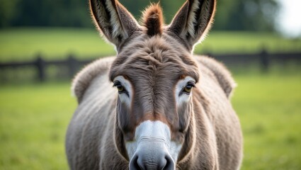 Fototapeta premium Captivating close-up of a donkey gazing at the camera in a lush green field