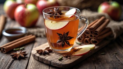 Glass of mulled wine infused with spices. DIY spiced apple cider with fresh apples, honey, cinnamon, cardamom, anise, and clove. Hot fruit tea placed on a wooden table.