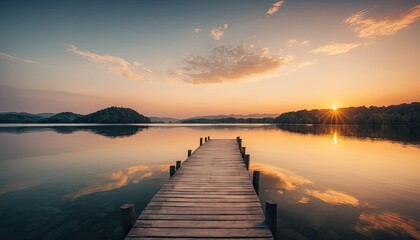 Obraz premium Serene Sunset over the Lake: A Wooden Dock Beckons