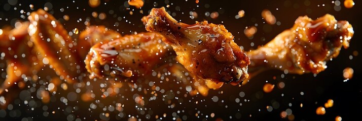 Crispy chicken wings in mid-air with delicious sauce.