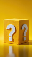 Yellow Mystery Box with Question Marks – Concept of Surprise, Curiosity, and Uncertainty