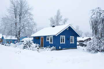 a blue house is covered in snow and trees