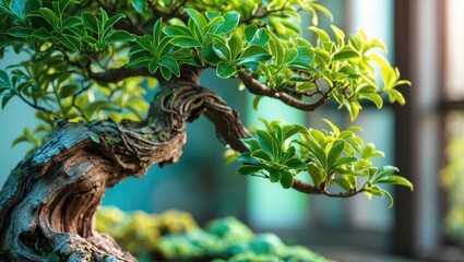 Obraz premium Close-Up of Green Leaves and Twisted Bonsai Trunk