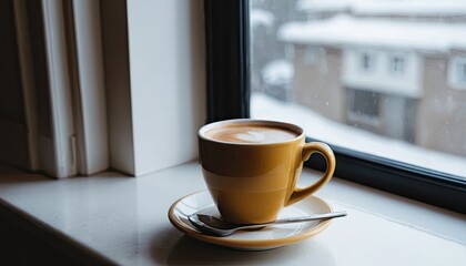 Fototapeta premium Cozy Coffee by the Window on a Snowy Day