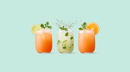 Vibrant summer cocktails with ice, splashes, citrus slices, and herbs in clear glasses isolated on pastel turquoise background. Minimal concept of refreshing summer beverages.